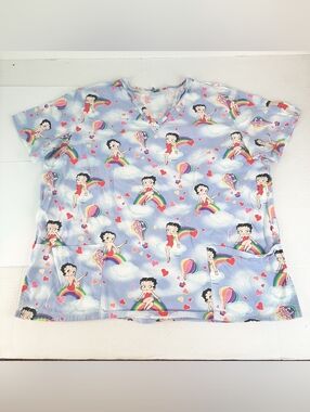 Betty Boop Scrub Top Womens XL Rainbow Hearts Hot Air Balloon V Neck 2 Pockets